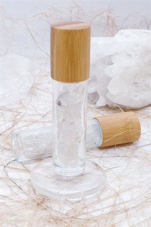 Kristal Kuvars Doğal Taşlı Doldurulabilir Parfüm Şişesi Bambu Kapak
